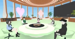 バーチャル空間でアバターたちが丸いテーブルを囲む様子