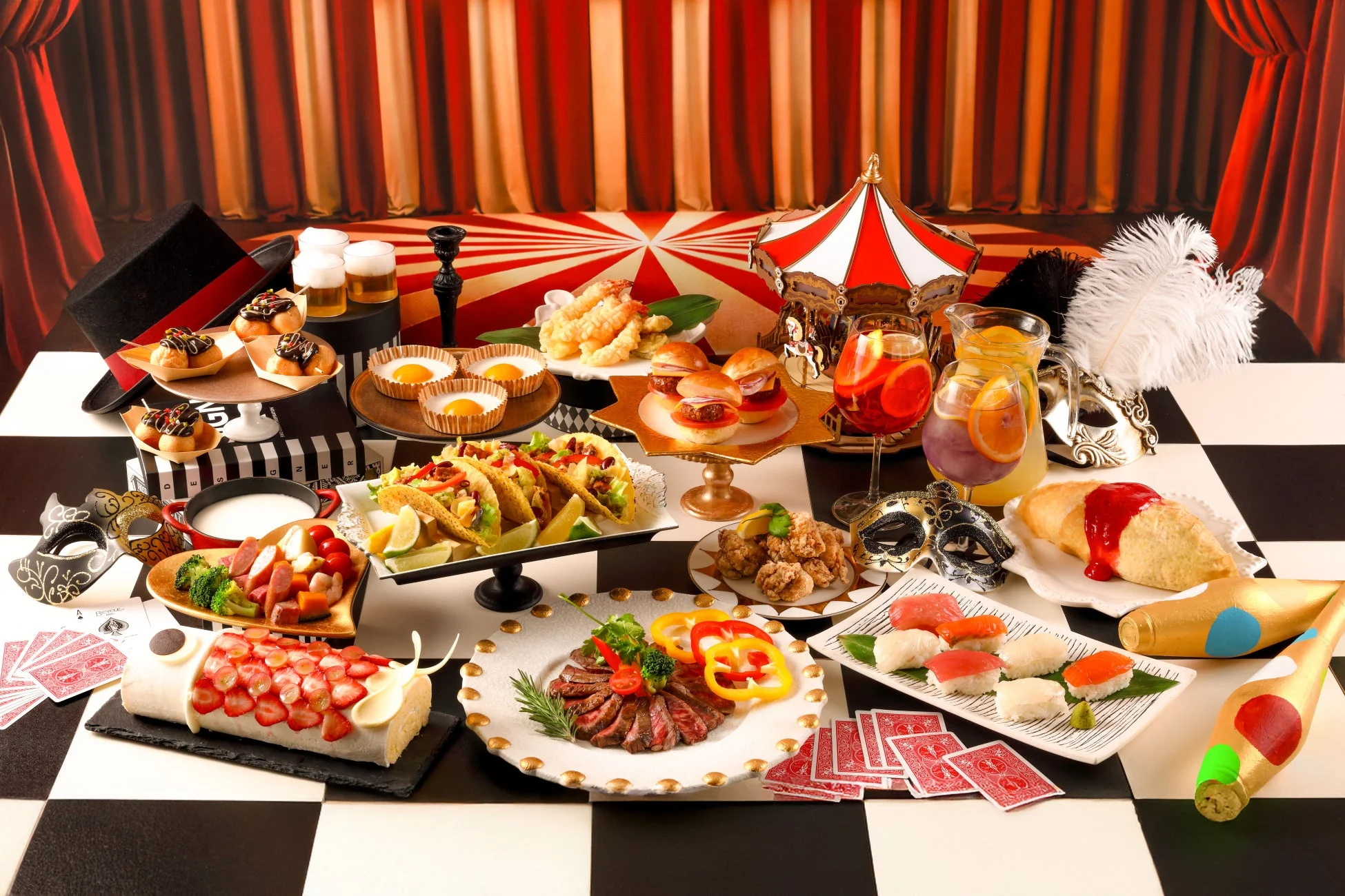 パーティー、ビュッフェ、豪華料理、サーカス、カーニバル、食事、デザート、ドリンク、寿司、ステーキ、ケーキ、タコス、揚げ物、イベント