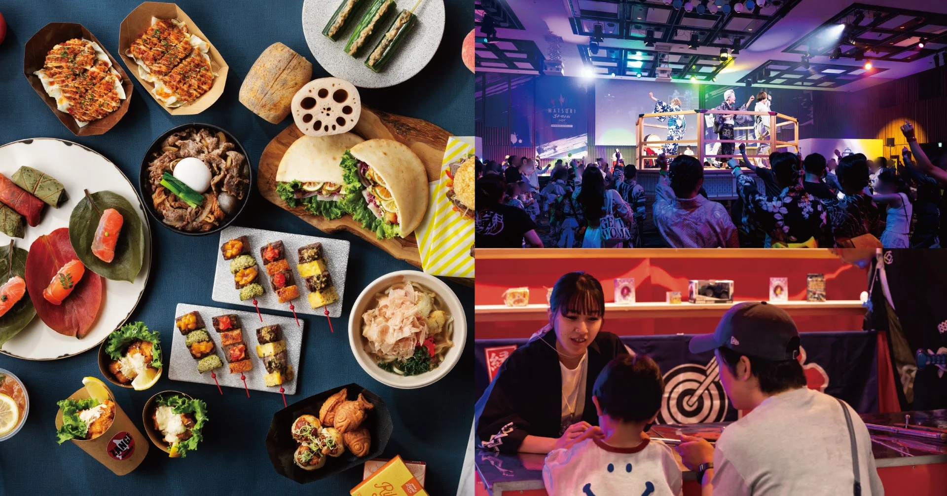 多様な日本食が並ぶ食卓と、浴衣を着た人々がステージパフォーマンスを楽しむ賑やかな屋内イベント